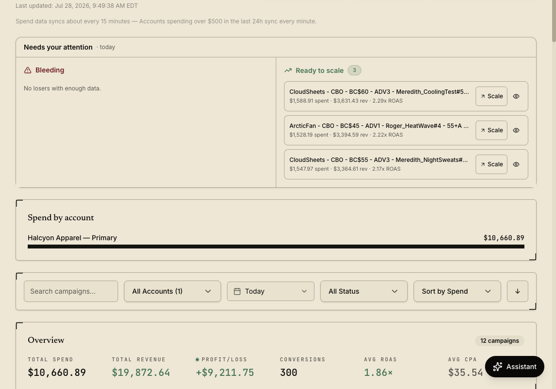 ROAS.to campaigns view — the desk calls out bleeding campaigns and winners ready to scale, with live spend, revenue, and ROAS per campaign