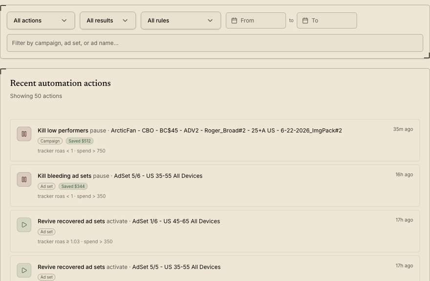 The ROAS.to automation history scrolling — each action listed with the rule that fired, the condition it saw, the entity it touched, and the estimated spend saved